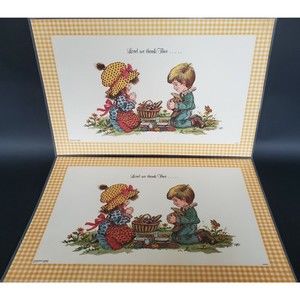 2 Wolfgang M Otto Laminated Placemats 70s Big Heads Boy Girl Thankful Prayer Vtg